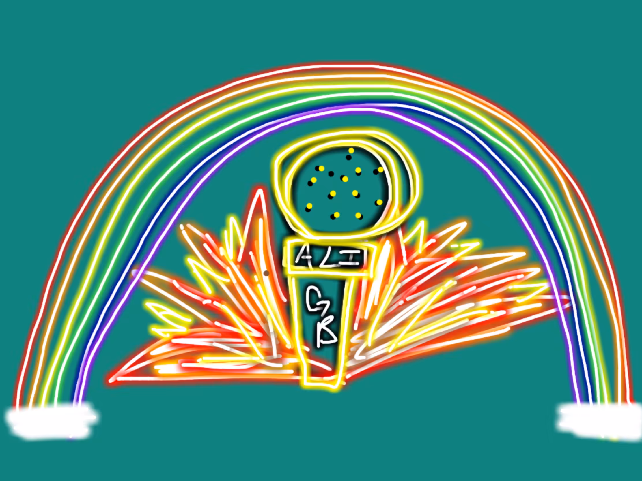 Gb-Ali: Golden Doodle mic on fire (GB-ALI) w/ rainbow 