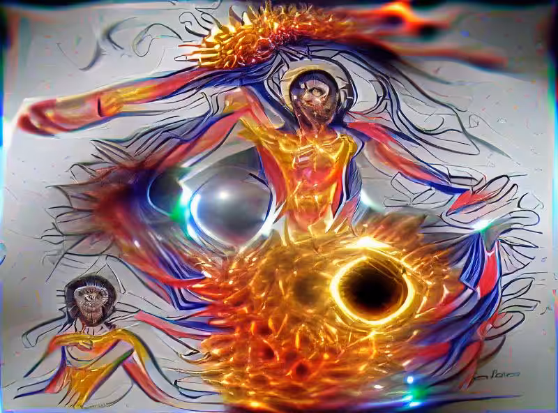 Abraham's First Works: An Astral Phoenix Dances Prismatic Rings Around the Primordial Eyes of God