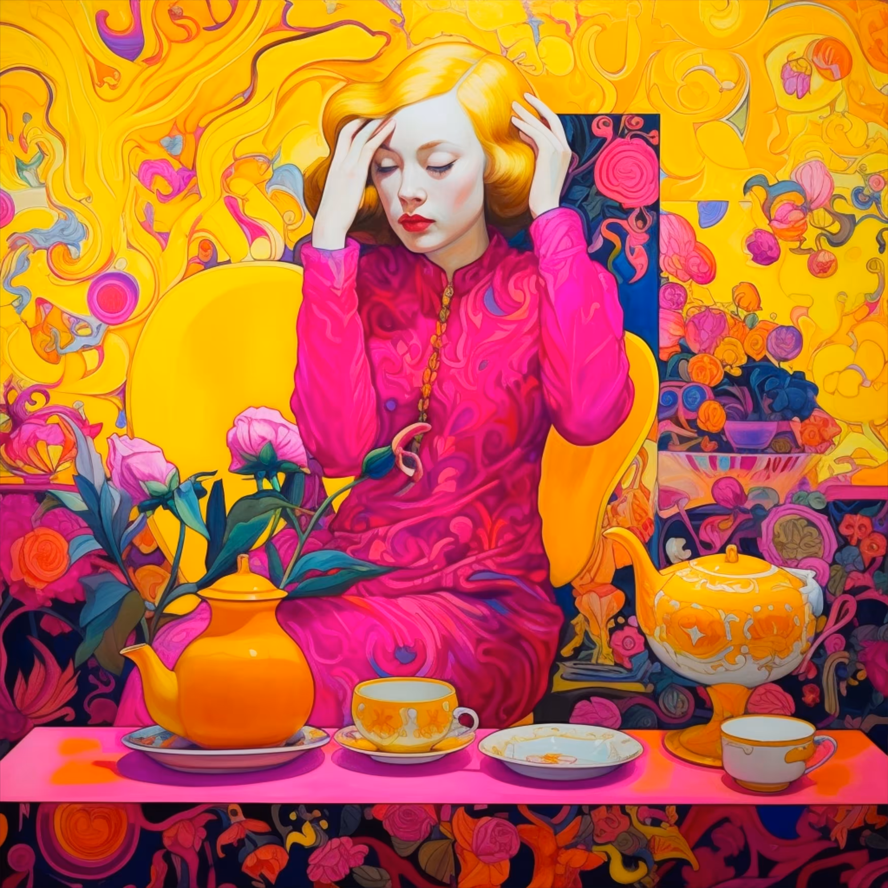Yellow teapot. Magenta dress