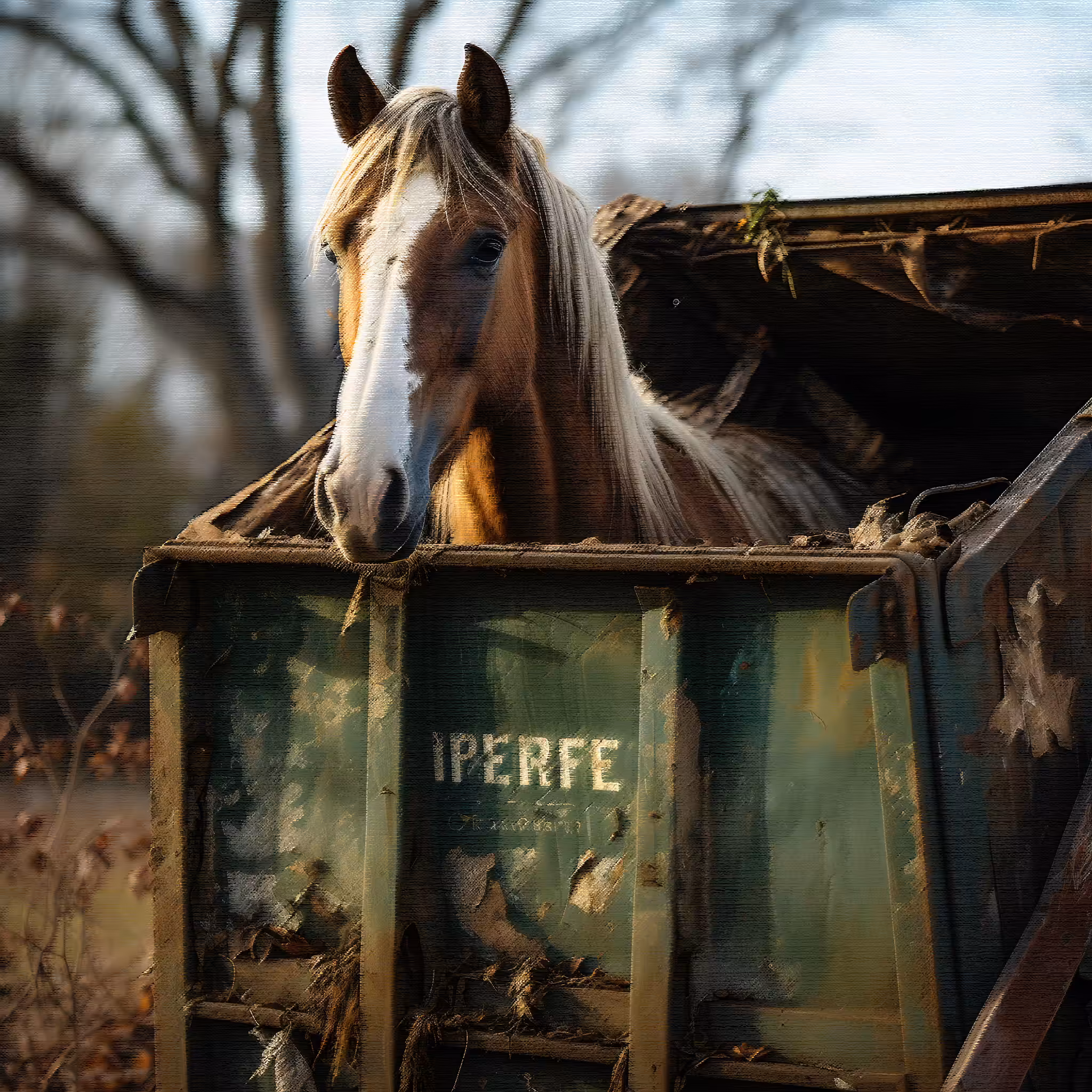Portrait of a dumpster horse