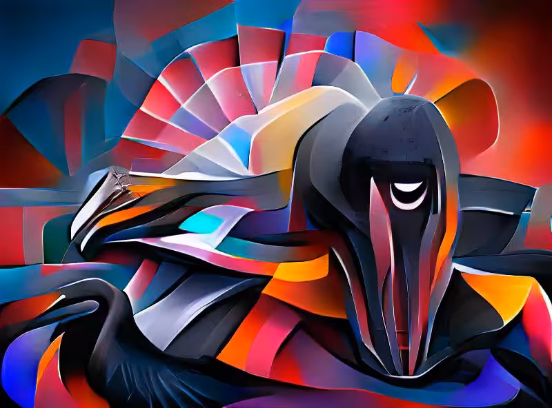 Abraham's First Works: black pelican, Kupka abstract style