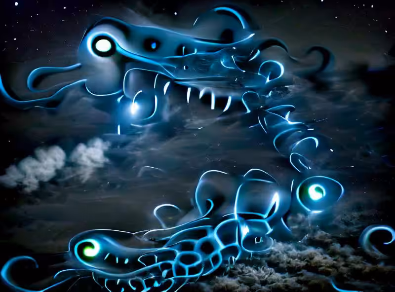 bioluminescent kraken with 10 eyes and 10 tentacles floating through the sky