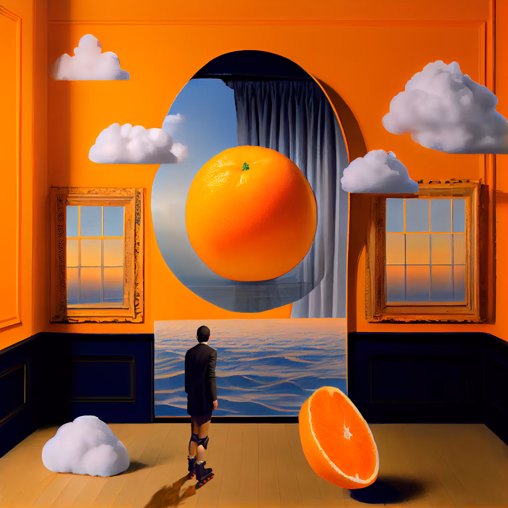 Study of a pants less businessman on rollerblades and an orange cut in half 