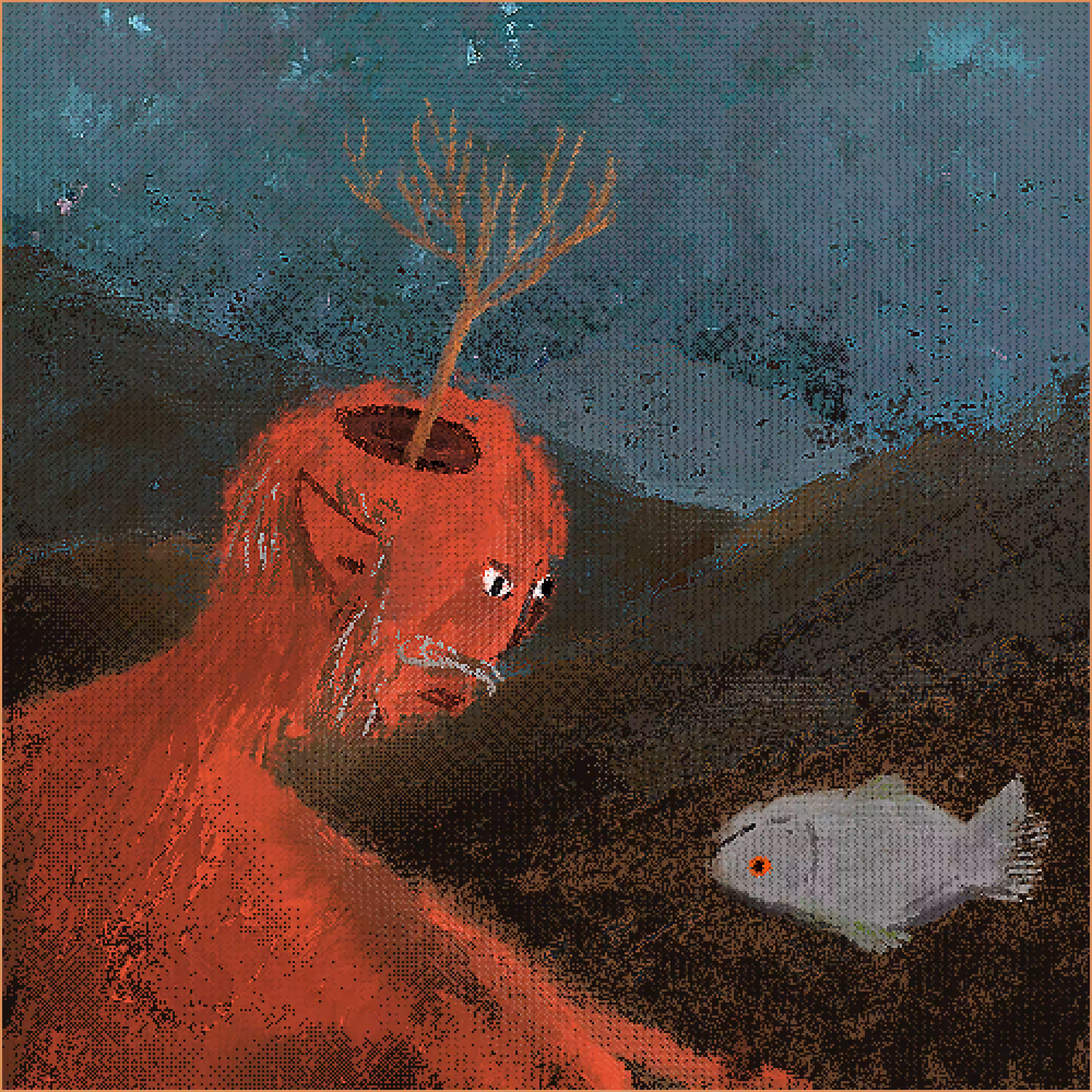 Demon looking at dead fish