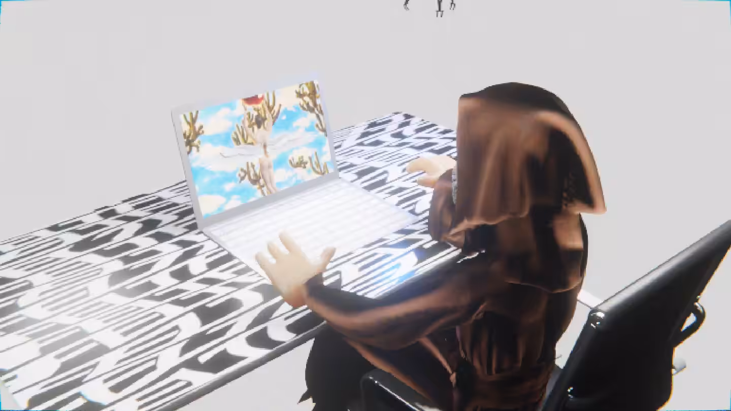 Desktop #109: The Guru in the Black Slim Chair With a Drone and a Gardens Monitor on a Pattern Table in The Void