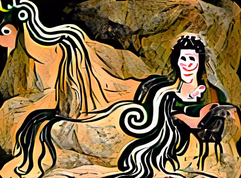 Abraham's First Works: Demeter Melaina with the head of a horse and snakes as hair, wearing a black robe, seated on a rock in her Phigalian cave