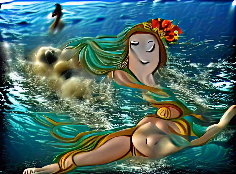 Abraham's First Works: Demeter swimming under the ocean with the beautiful Baubô