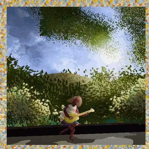 A demon playing guitar at the edge of the park at the edge of logic