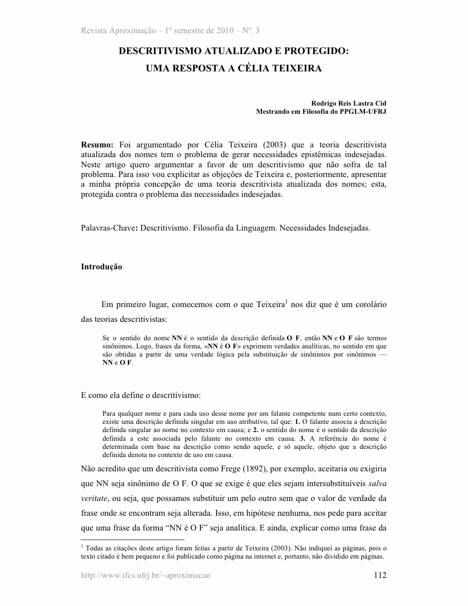 RODRIGOCID: Artigo - Aproximacao - Descritivismo atualizado e protegido- uma resposta à Célia Teixeira