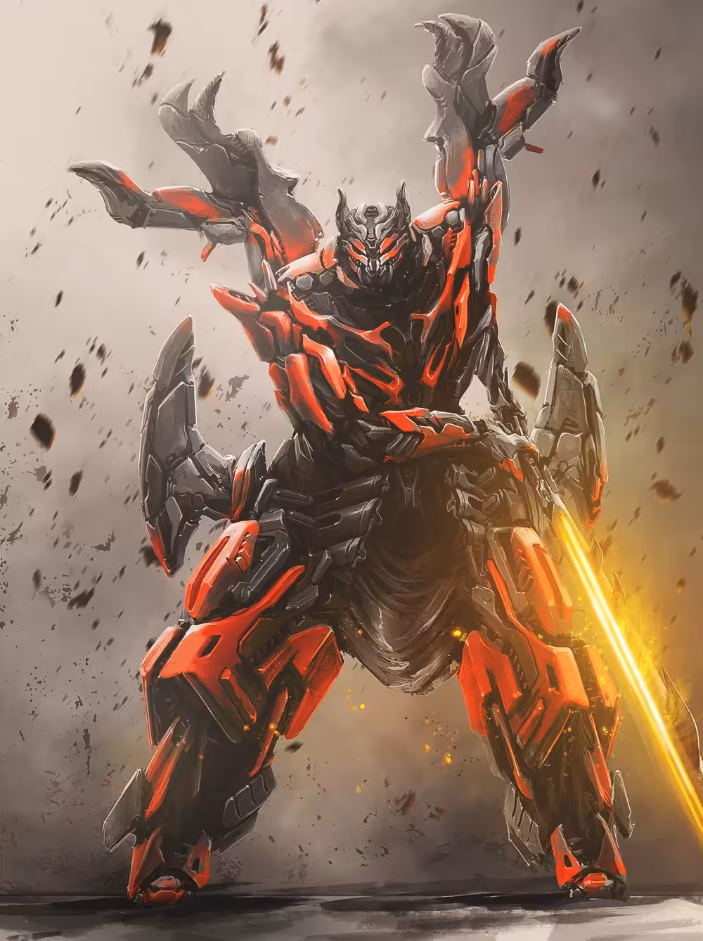 A mecha with a flame sword