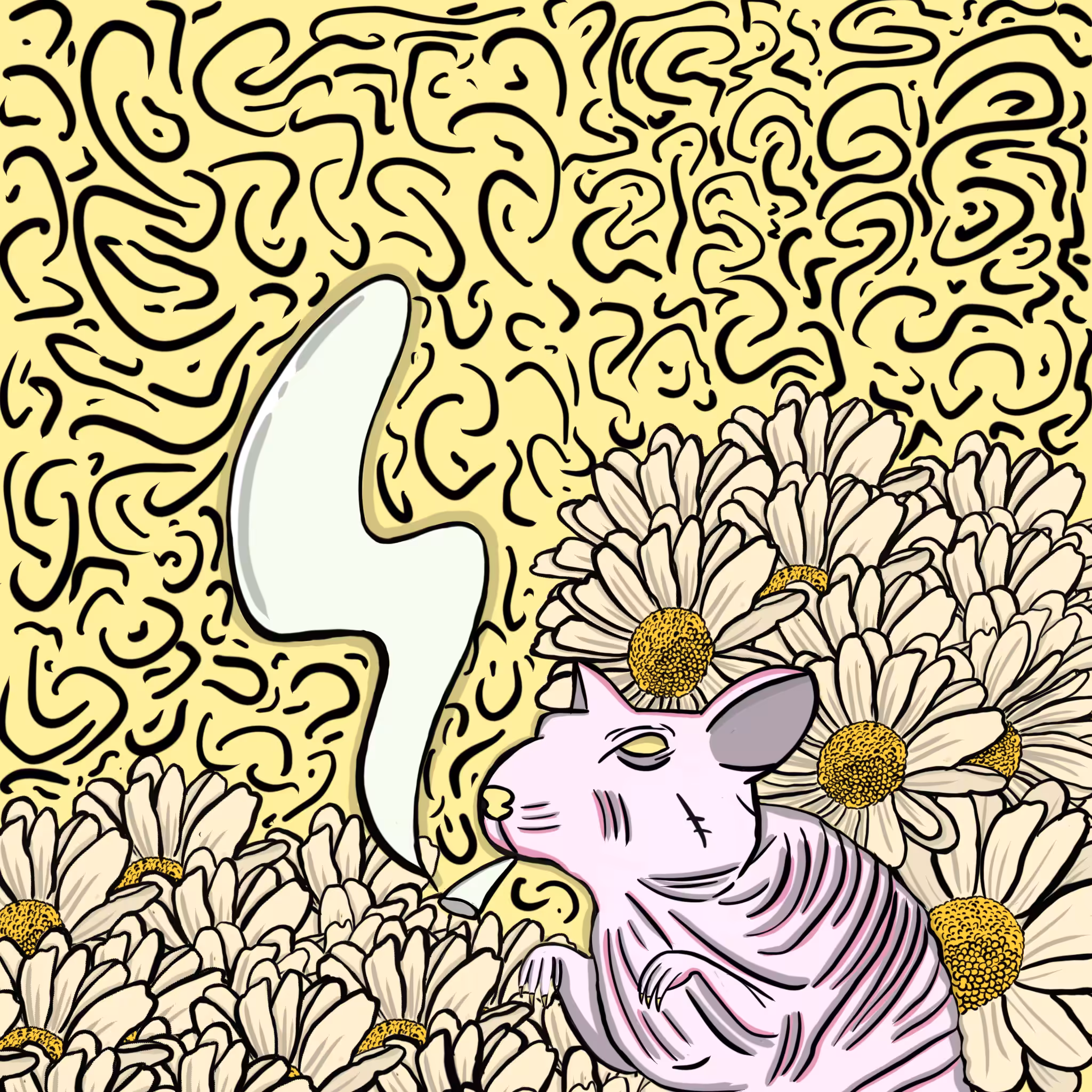 THE RAT IS TROUBLED AMONG THE DAISIES.