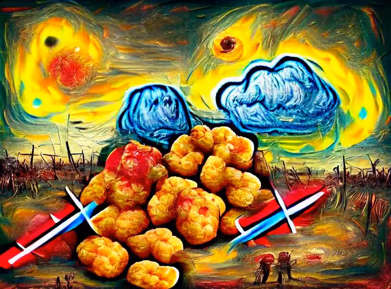 Abraham's First Works: two tater tots dual against each other with war hammers under a vermillion sky for the fate of the galaxy van gogh