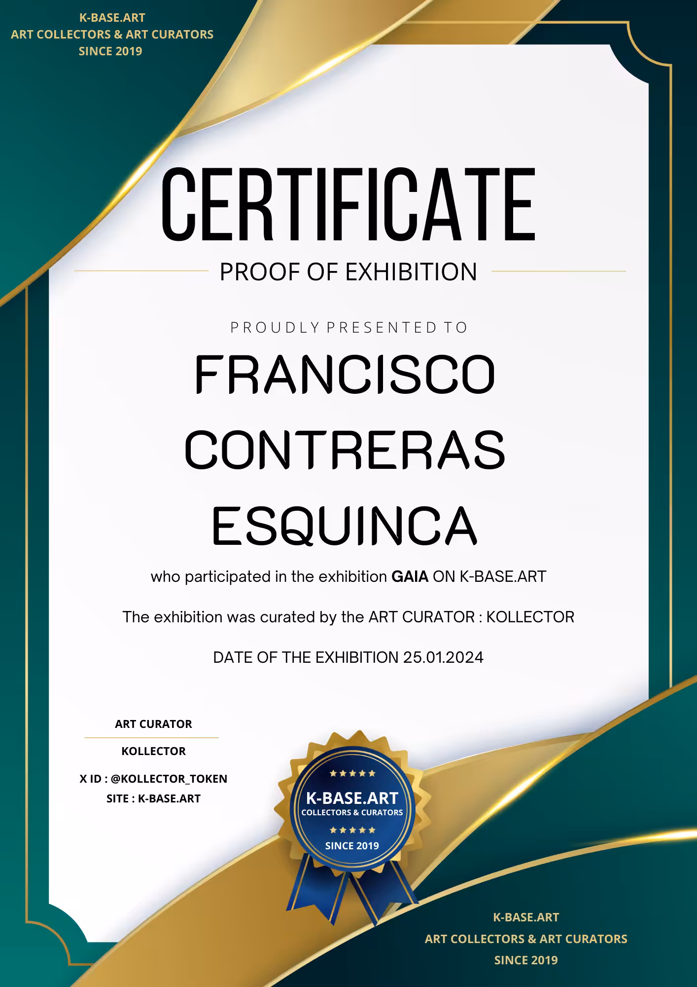 GAIA EXHIBITION CERTIFICATE