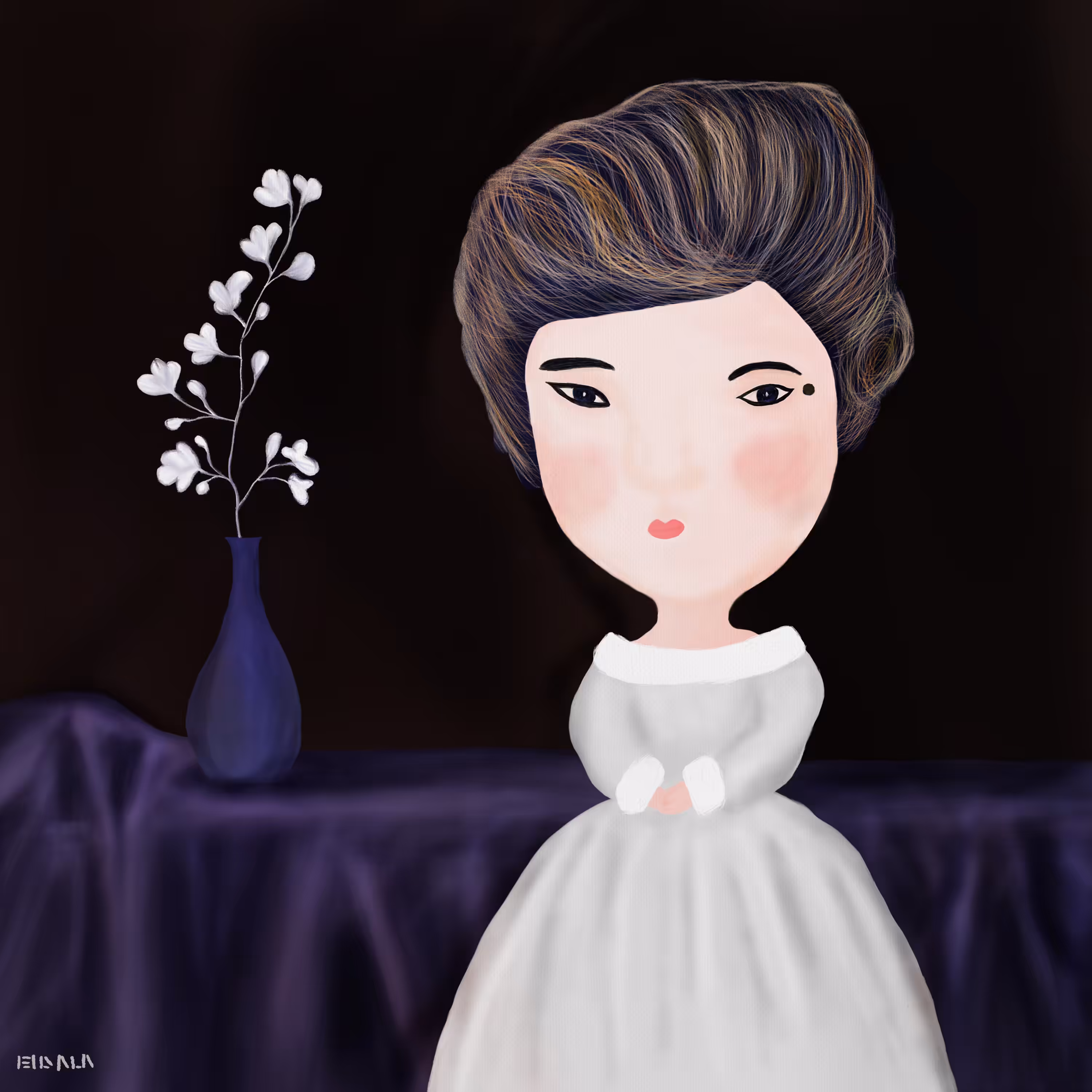Rabbit girl in grey white dress