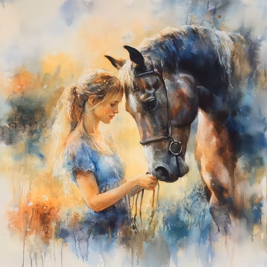 watercolor painting of a girl and a horse