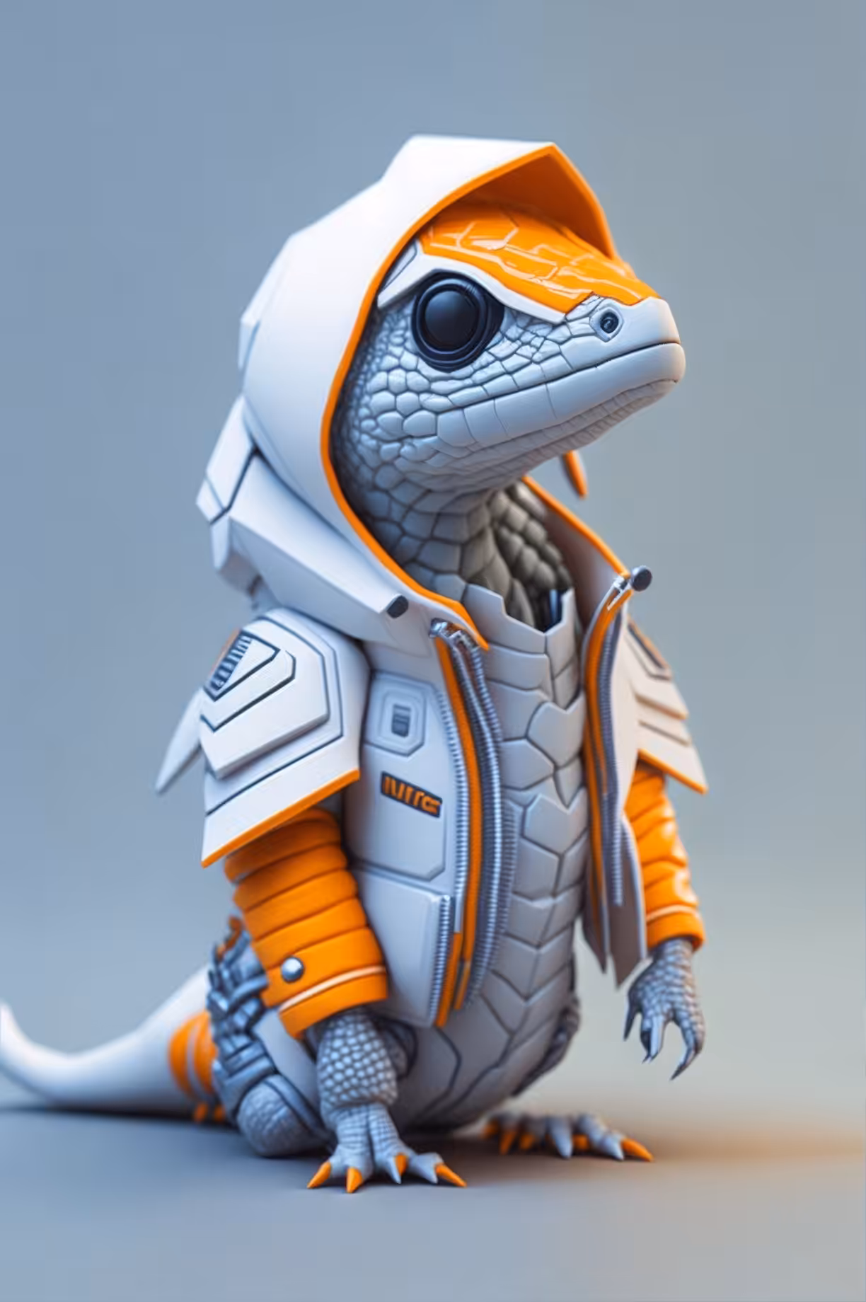 White soldier lizard with cyberpunk jacket.