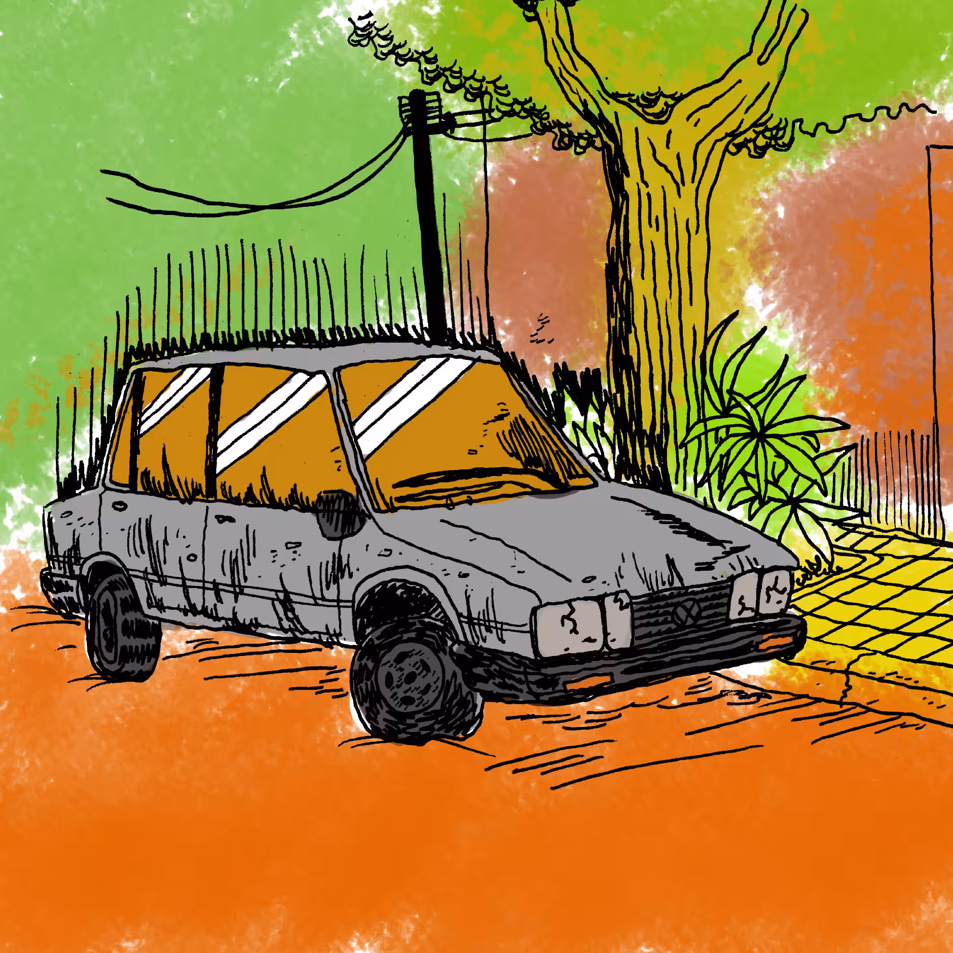 An abandoned volkswagen in a hot summer