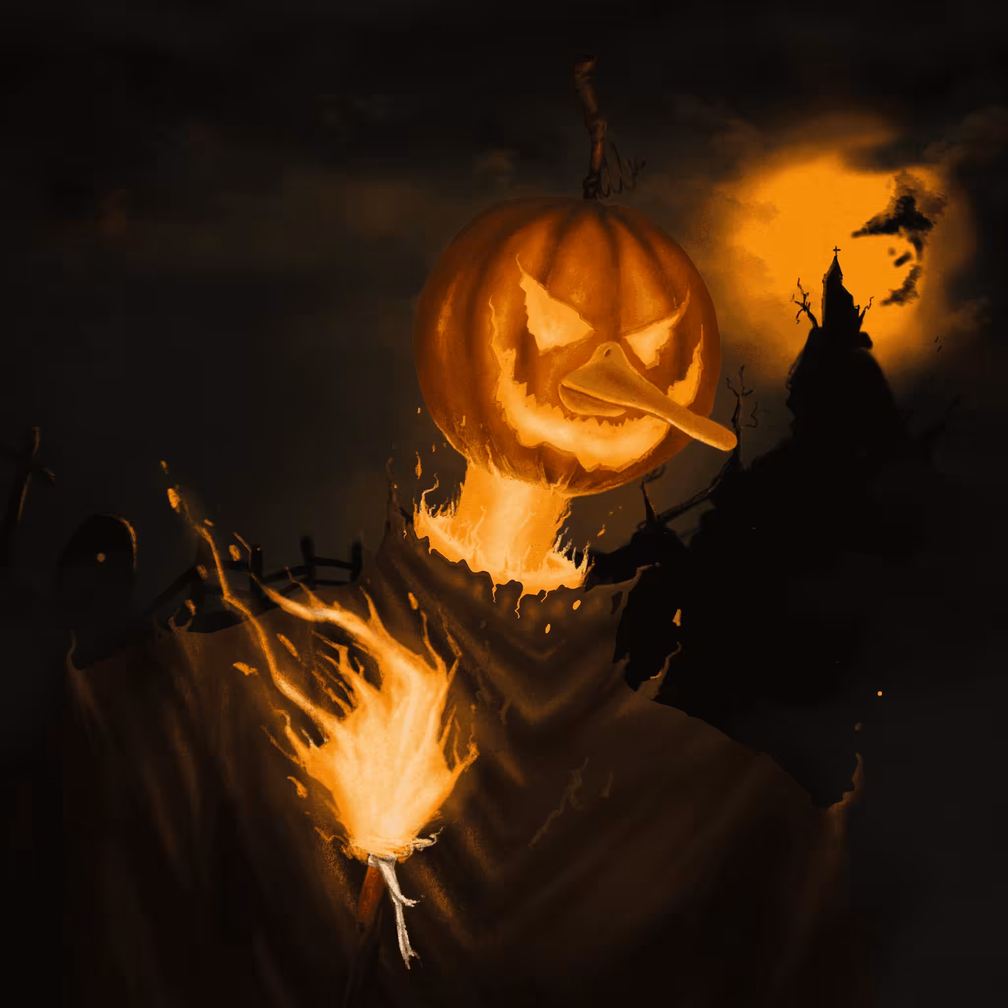 A duck who missed a fire puts a pumpkin on his head.