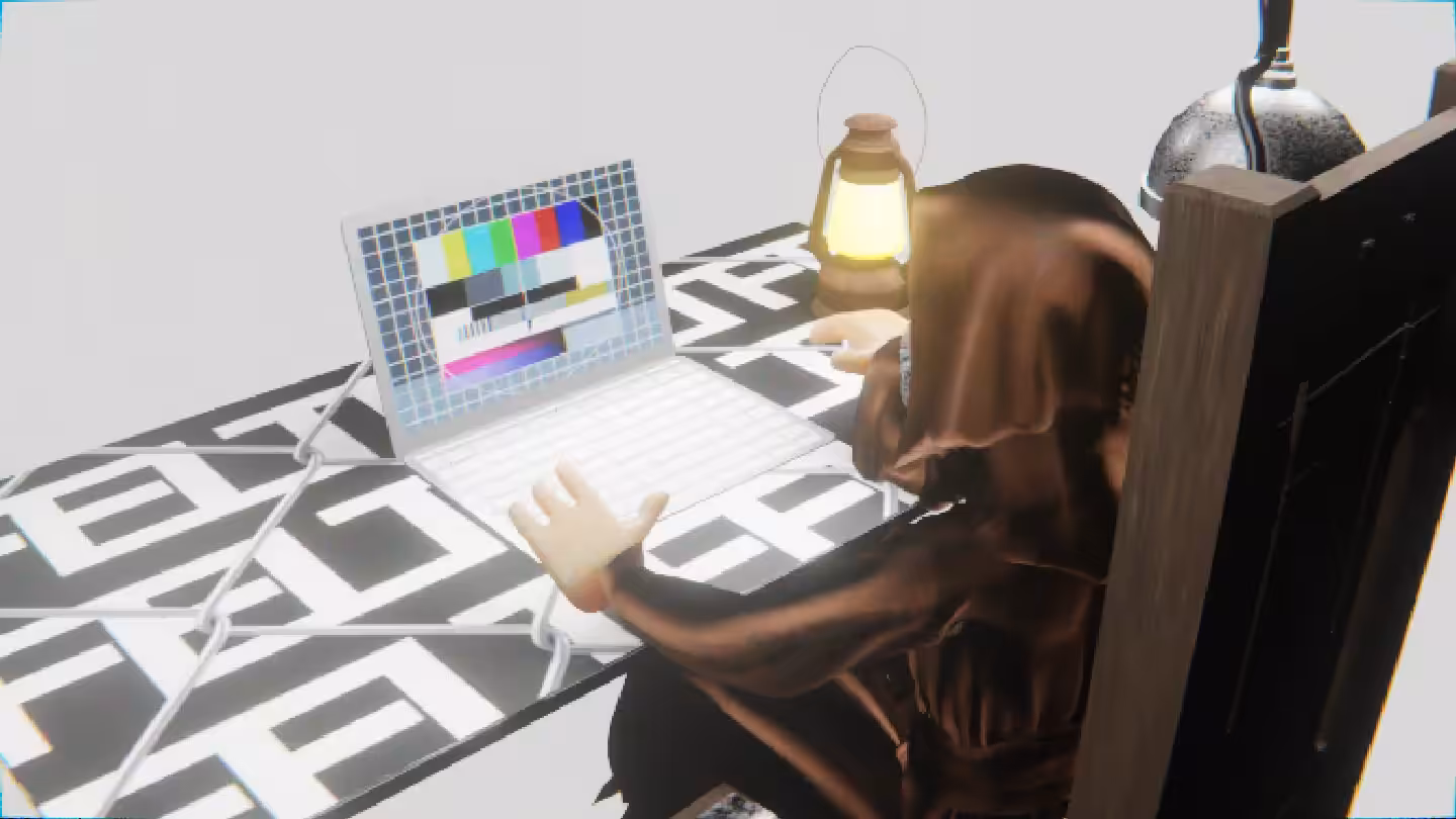 Desktop #158: The Guru in the Electric Chair With a Gas Lamp and a Please Stand By Monitor on a Barbed Wire Table in The Void
