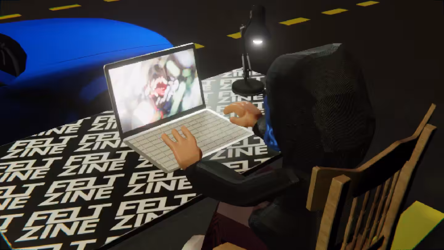 Desktop #85: The Hacker in the French Wood Chair With a Desk Lamp and a Algo Lite Macbook on a Felt Zine Table in The Streets