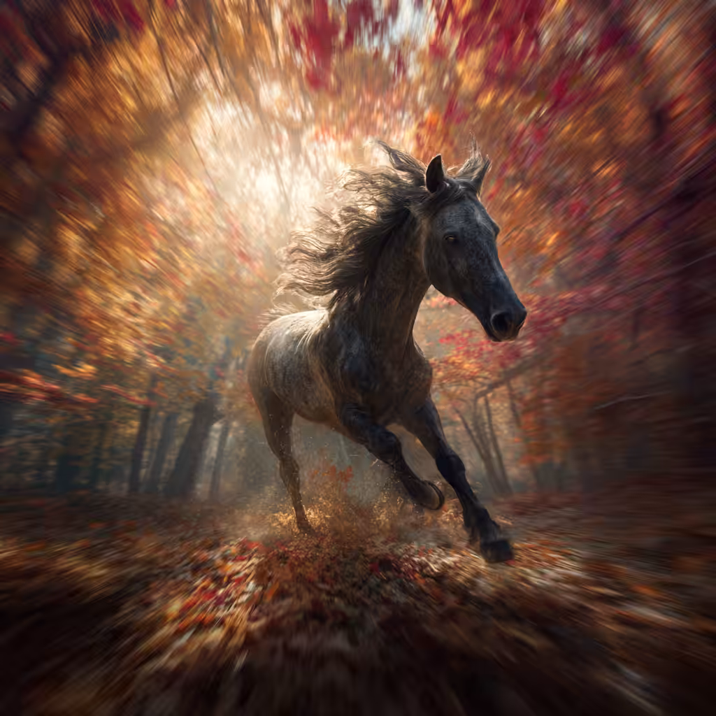 Through fire-colored leaves and fading light, freedom runs untamed. 