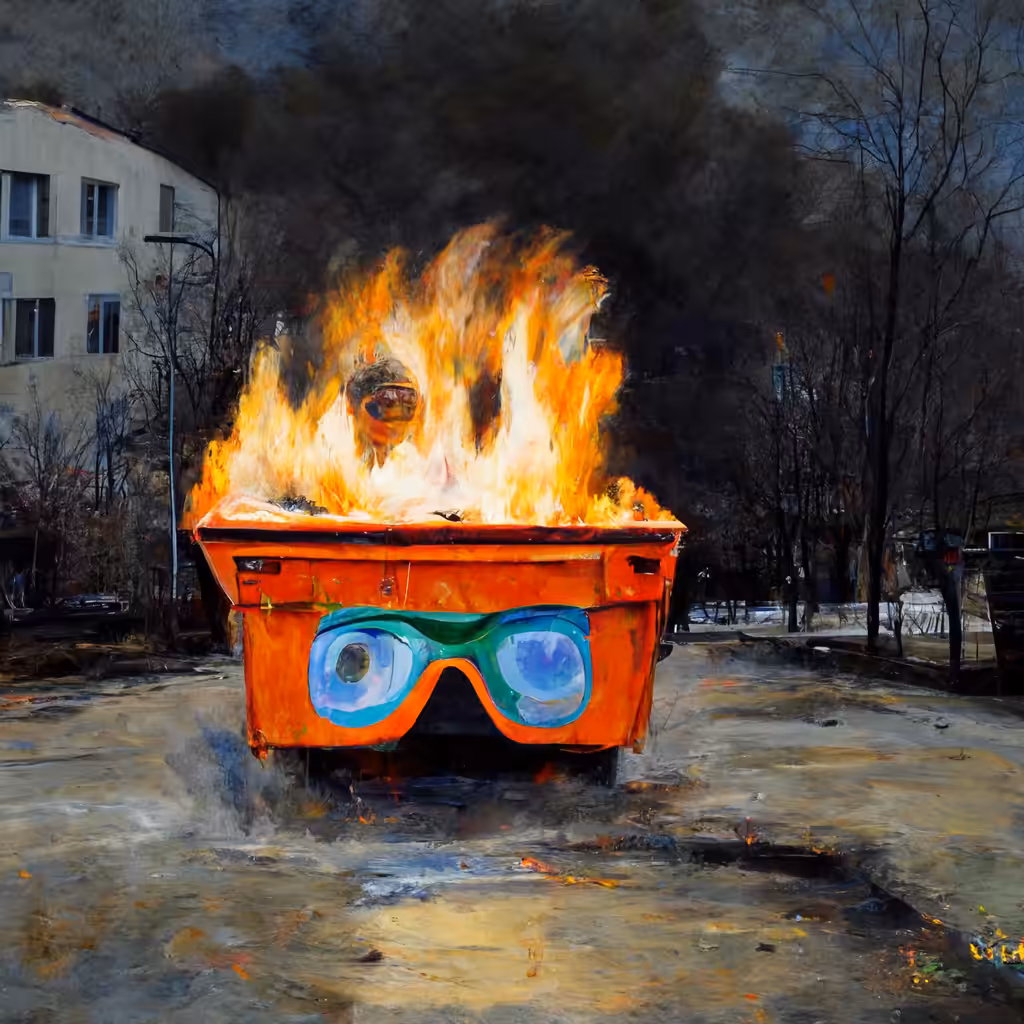 Impressionist study of a burning dumpster wearing goggles.