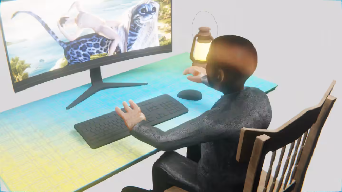 Desktop #169: The Business in the French Wood Chair With a Gas Lamp and a Kitty Monitor on a Green FELT Zine Table in The Void