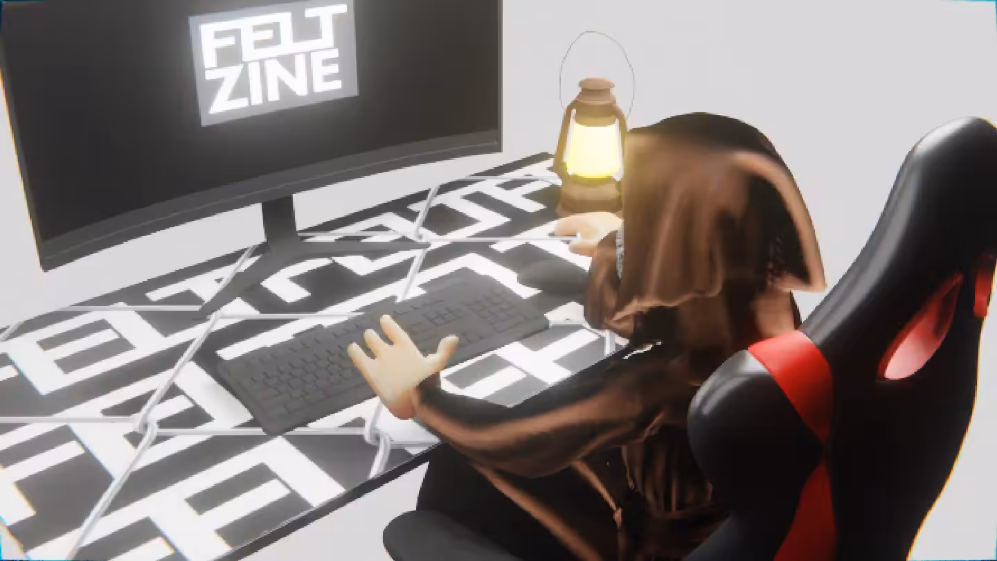 Desktop by Felt Zine: Desktop #164: The Guru in the Gaming Chair With a Gas Lamp and a Old School Monitor on a Barbed Wire Table in The Void