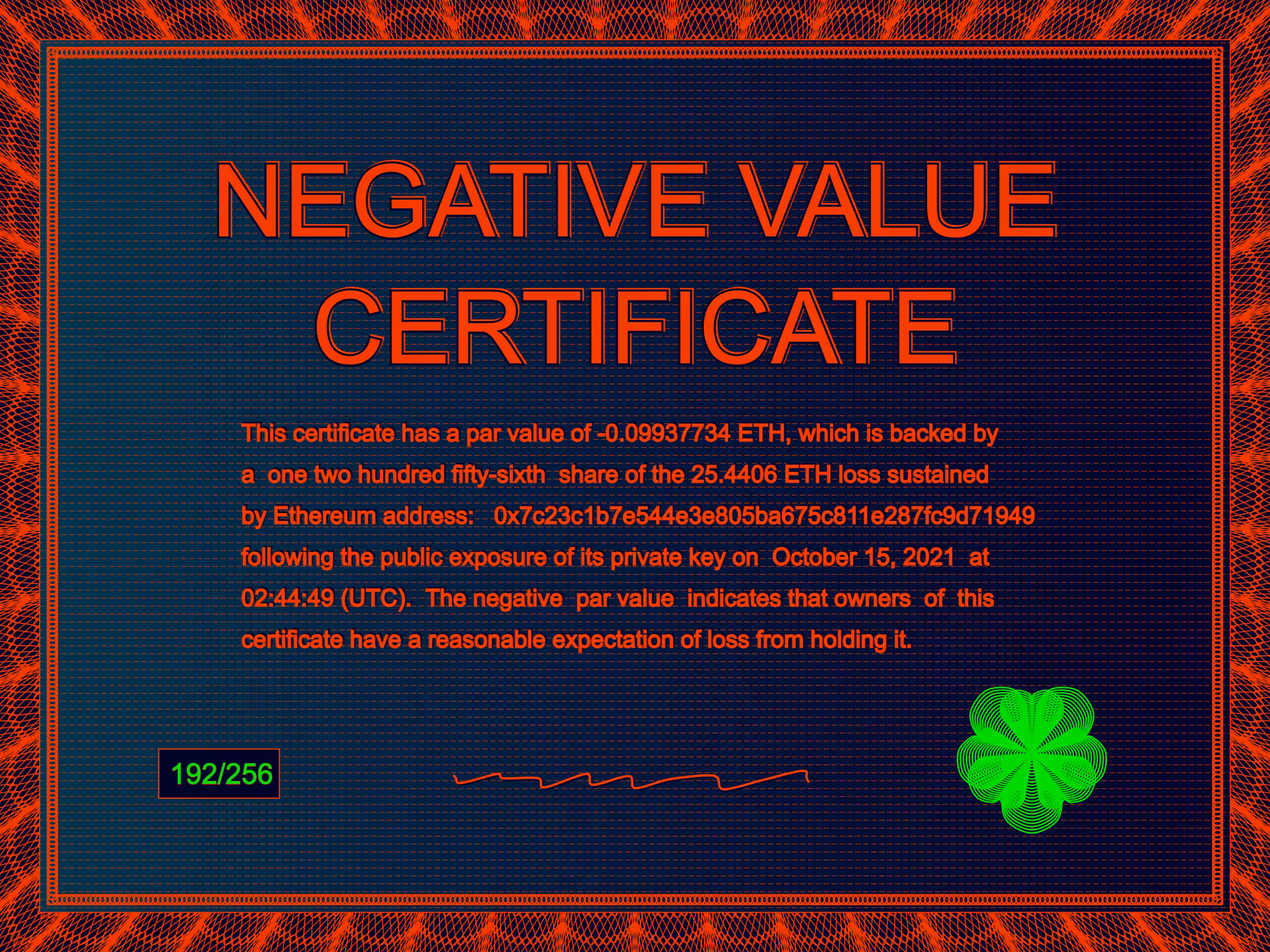 Negative Value Certificate #192 of 256