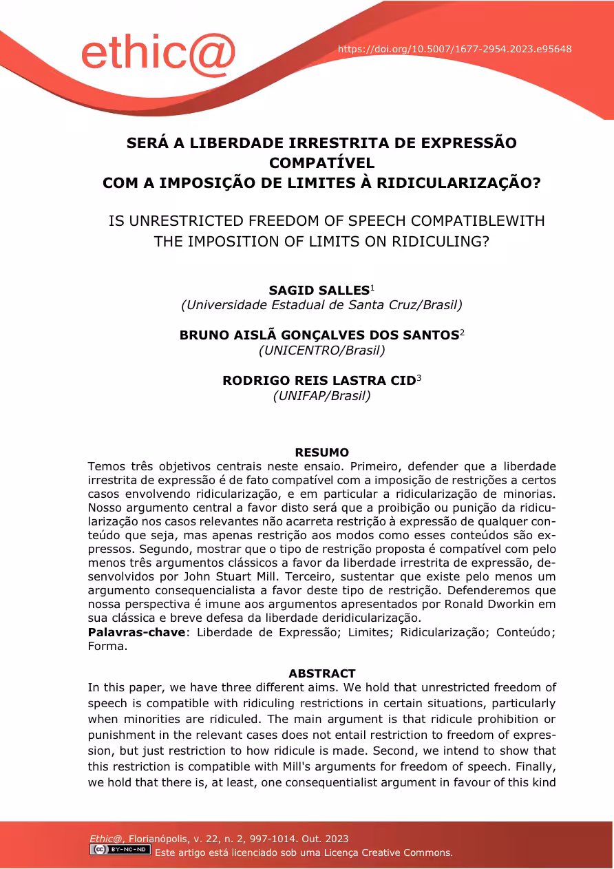 RODRIGOCID: Artigo - ETHIC@ - Será a liberdade irrestrita de expressão compatível com a imposição de limites à ridicularização?