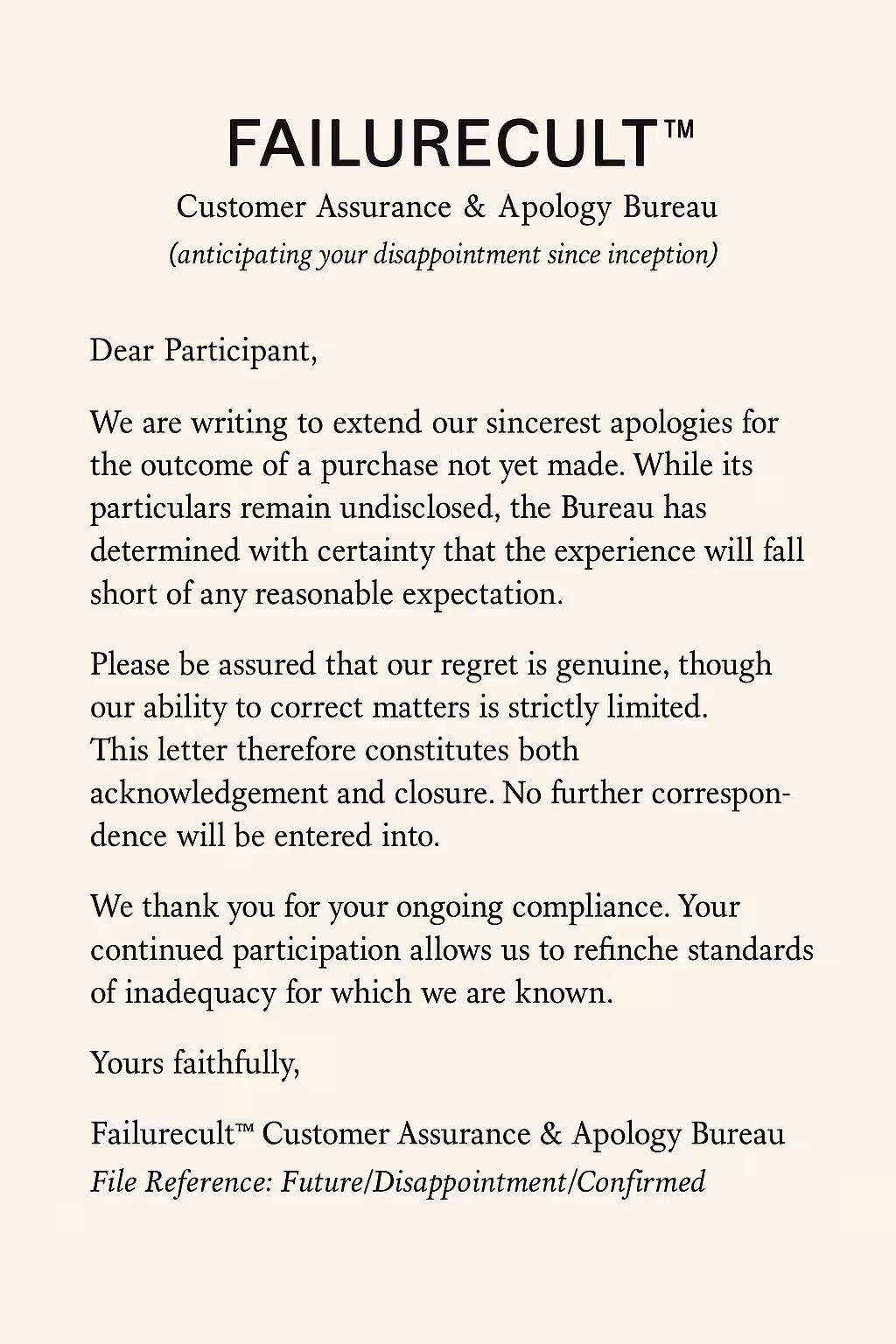 Advance Apology (Failurecult™ Edition)