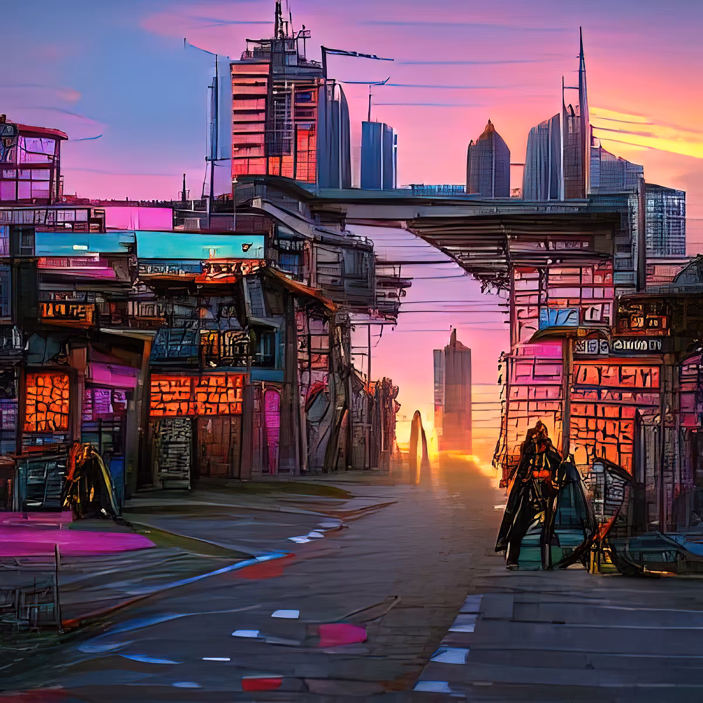 streets of cyberpunk city at sunset UocnisXyjKVFJBxmNU5e