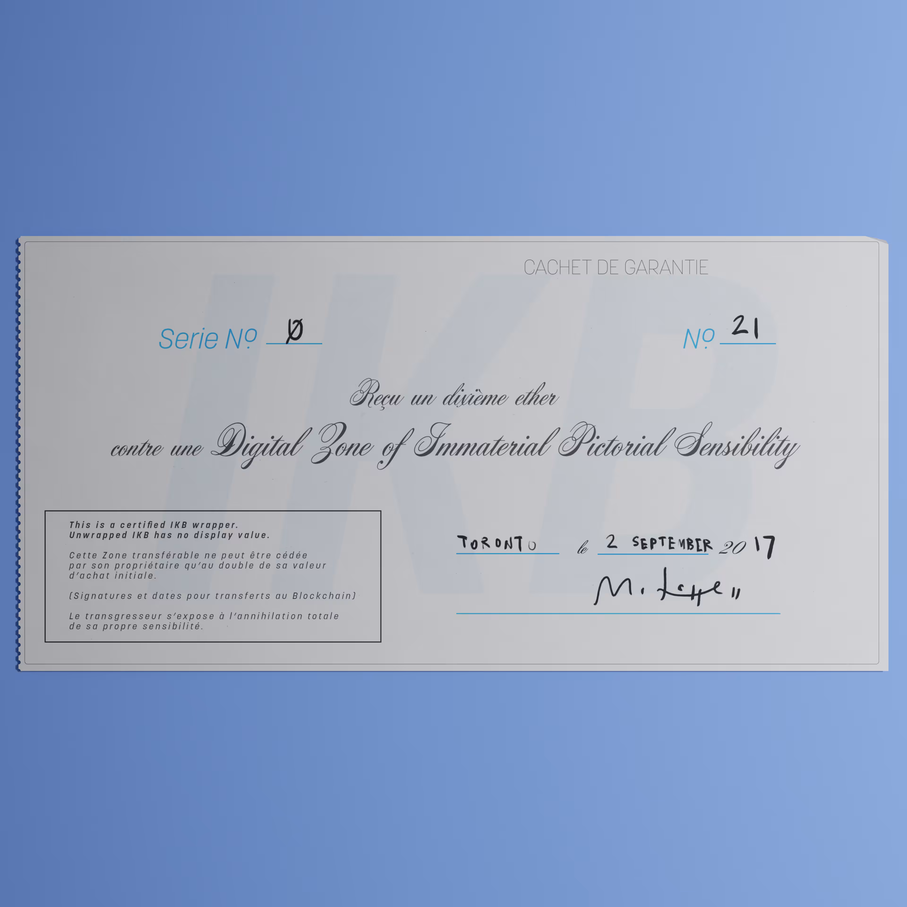 Digital Zone of Immaterial Pictorial Sensibility, Series 0, Edition 21. (Wrapped)