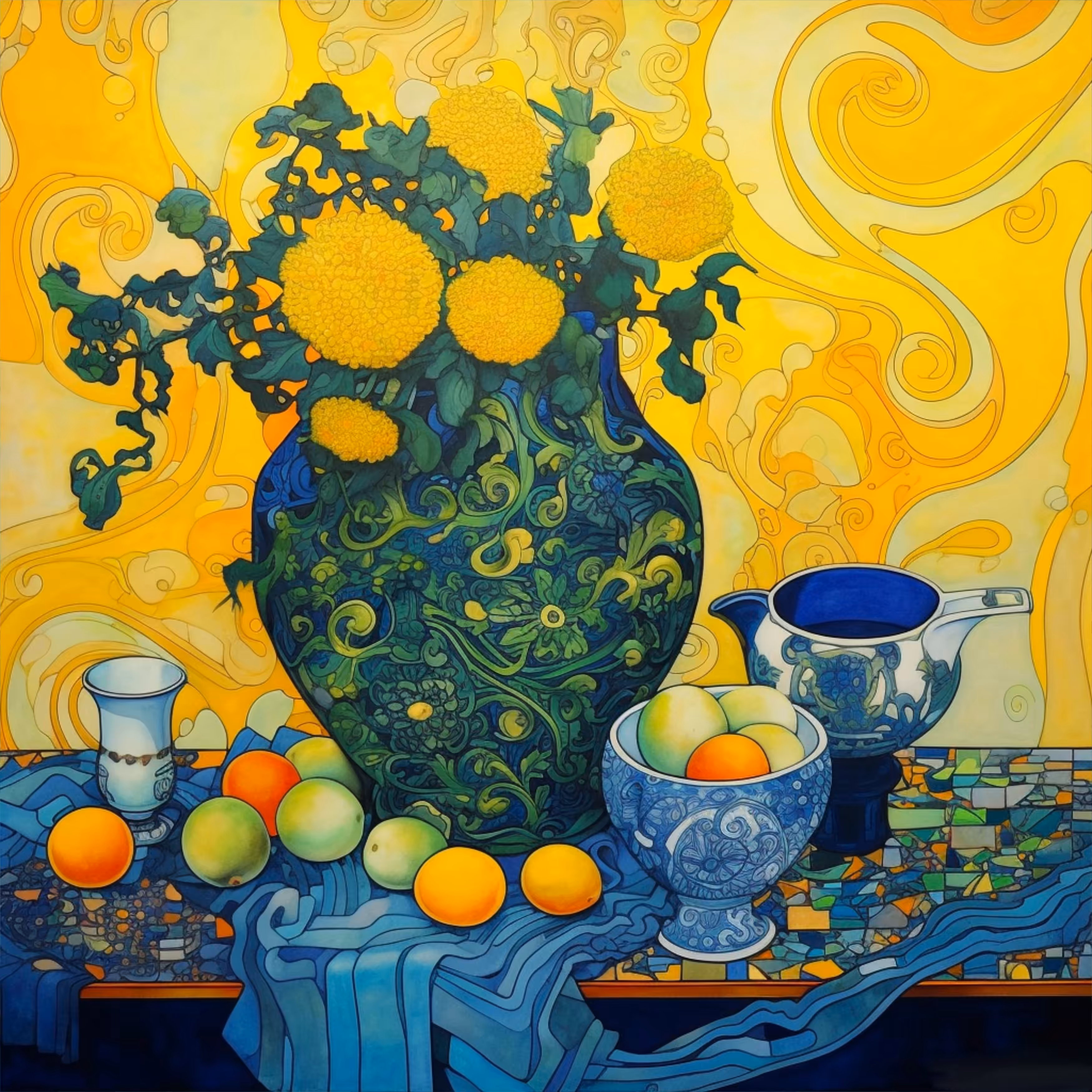Green vase. Fruits