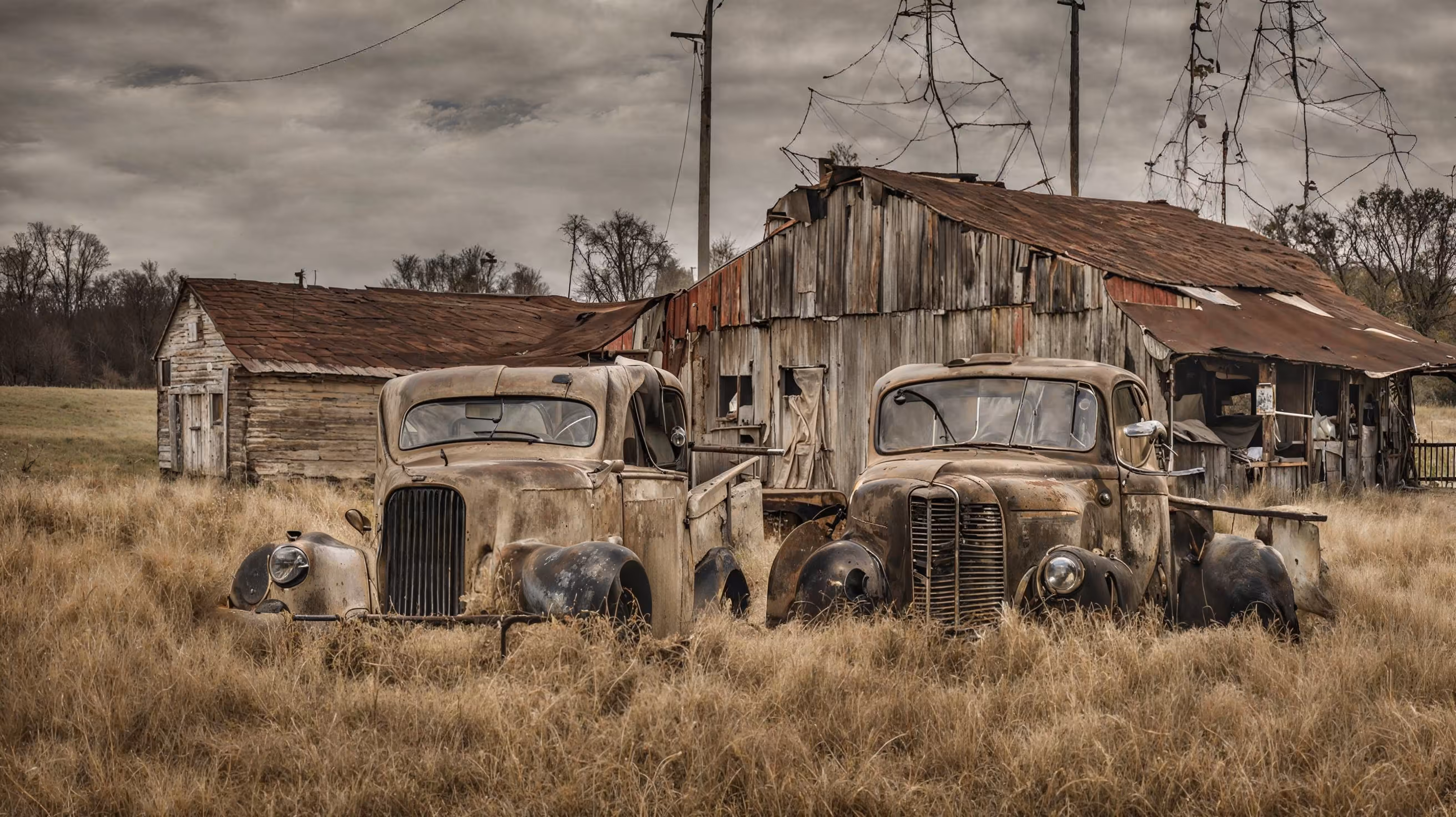 2 trucks and a barn