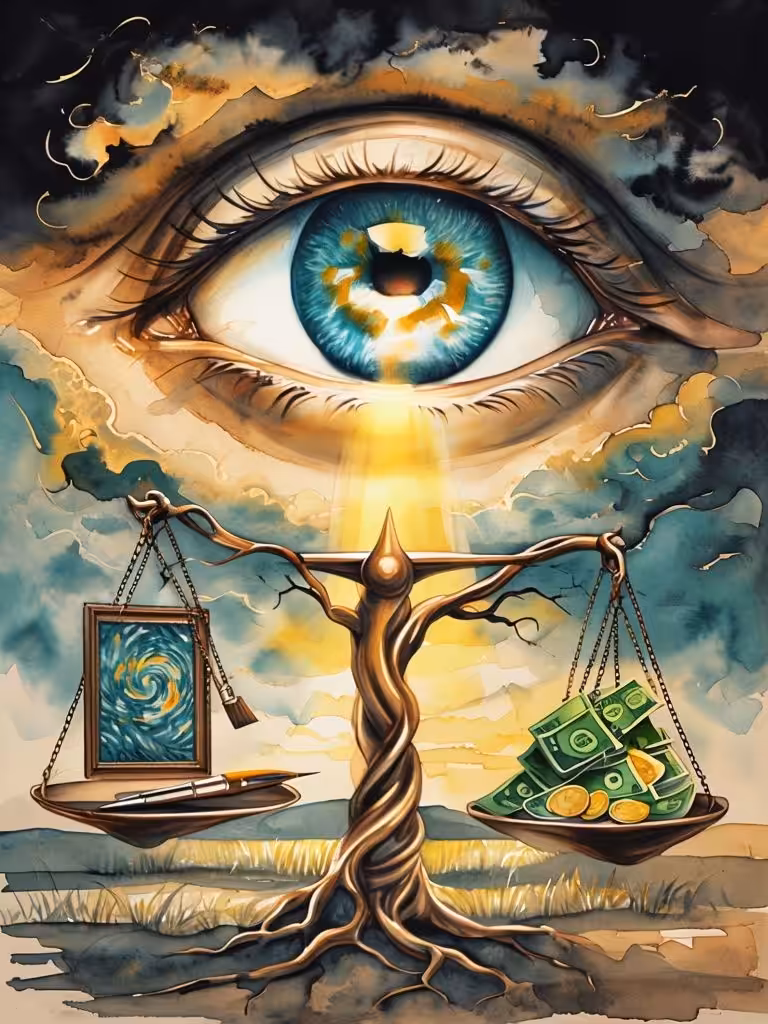 Surreal Watercolor Painting Of Eye With Artistic And Financial Balance