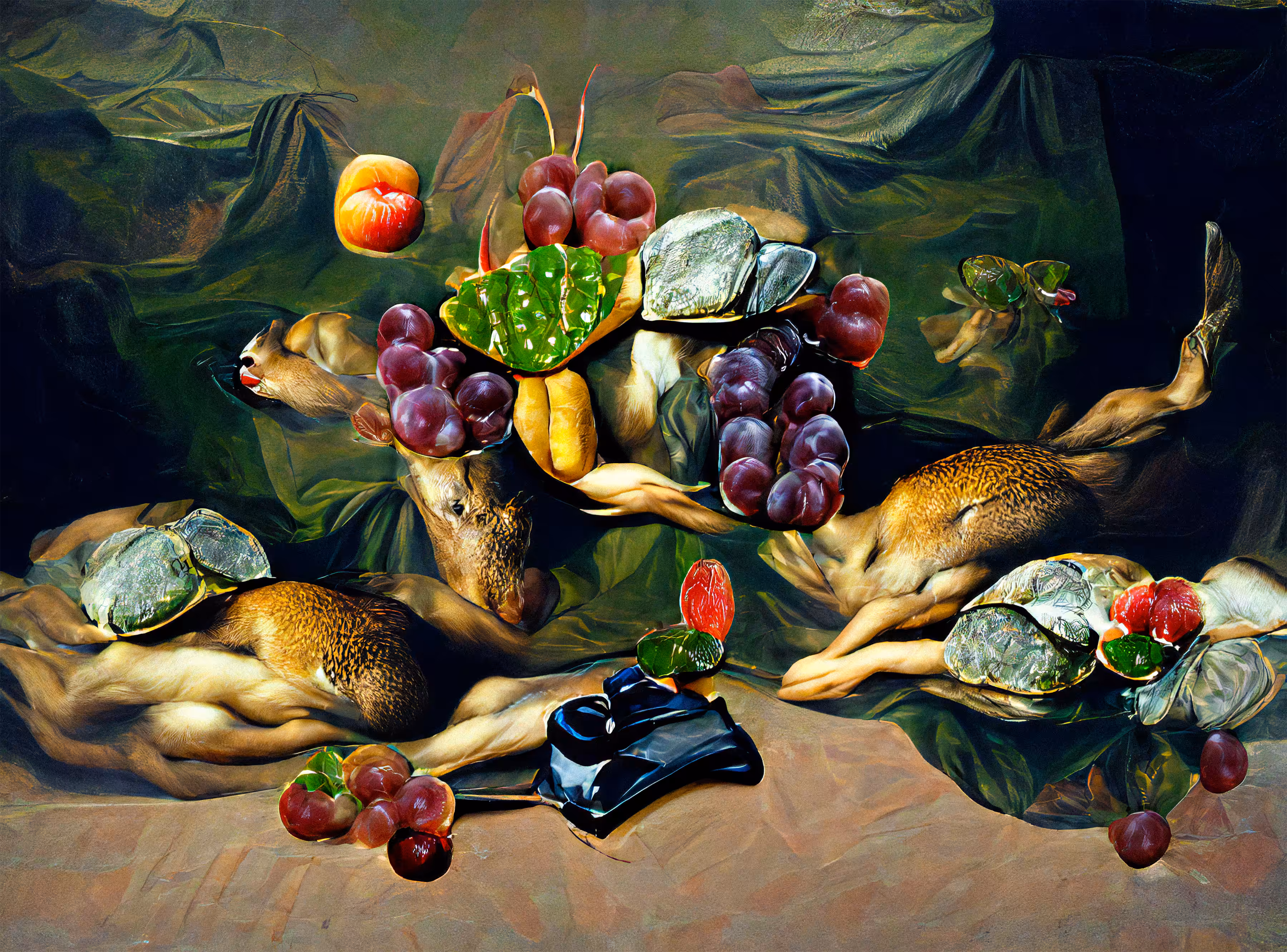 A still life of hunted deer and some fruits