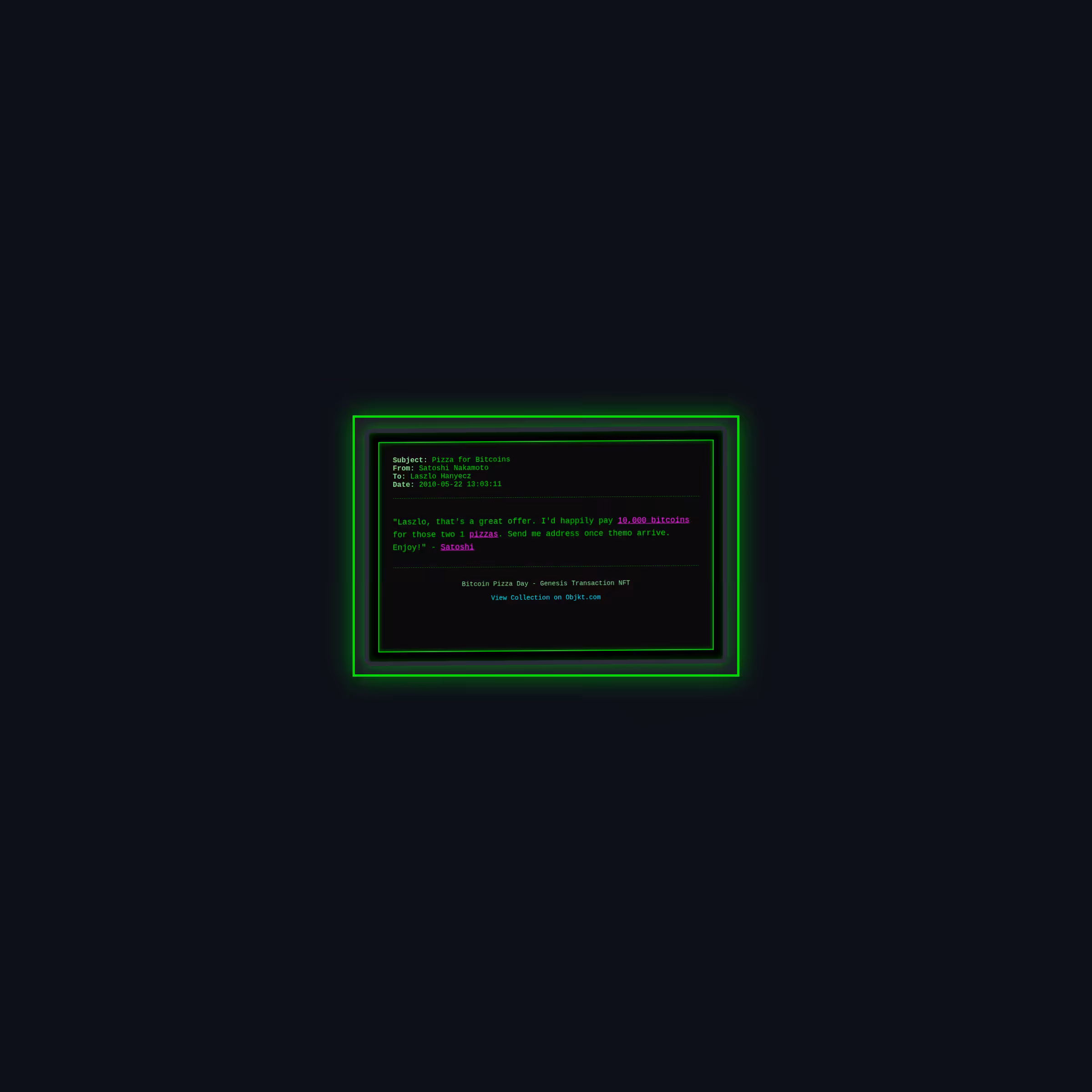 The Bitcoin Pizza 10,000: Genesis Archives