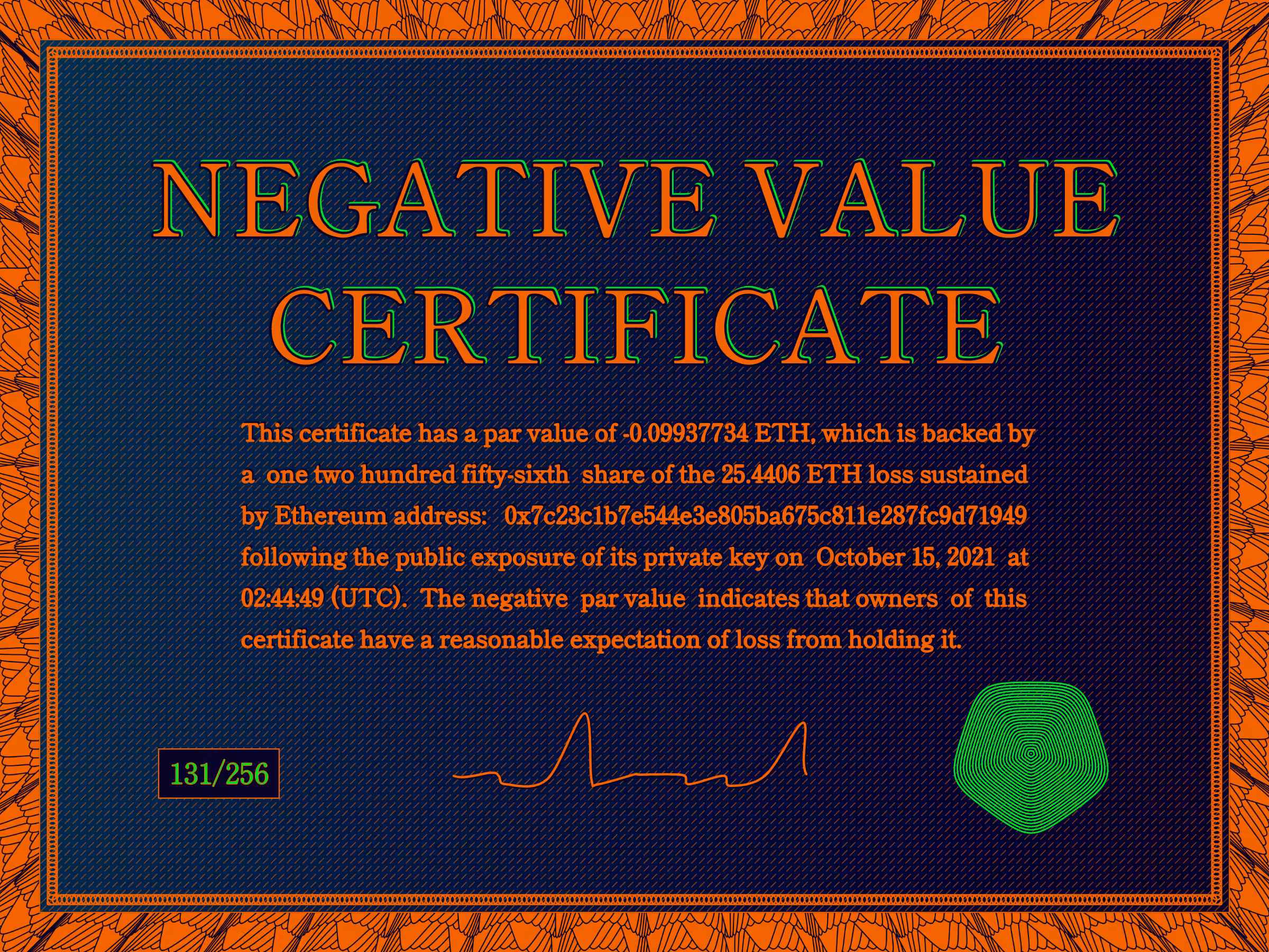 Negative Value Certificate #131 of 256