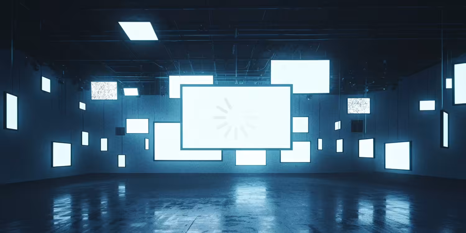 In an orderly arranged space, one screen is loading.