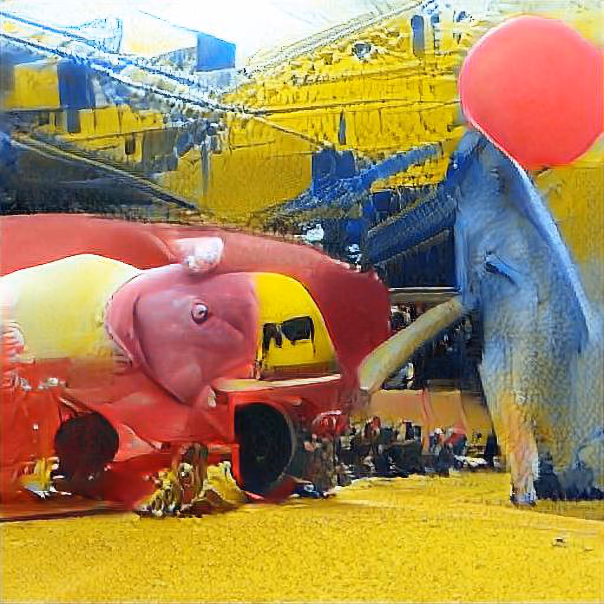 „A big blue whale eats a yellow pig which has eaten a huge red elefant“ Artificial Dream - text2image by RandomLikeU #09