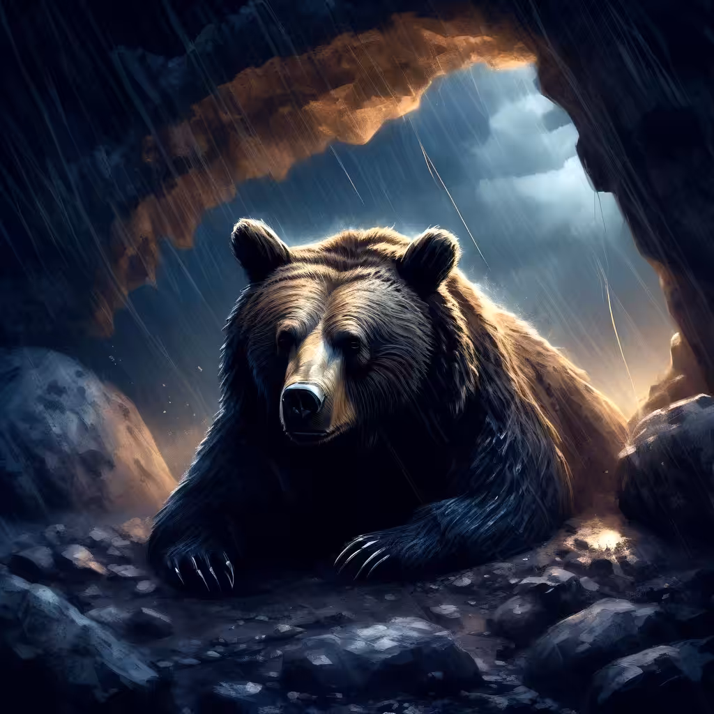 AI Art Bear: Bear nighttime cave thunderstorm