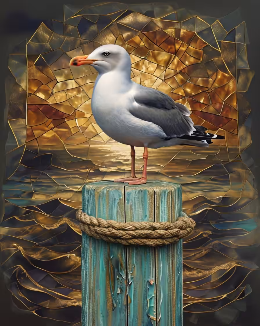 Silver-Gray Seagull On Weathered Post Against Ethereal Ocean Scene