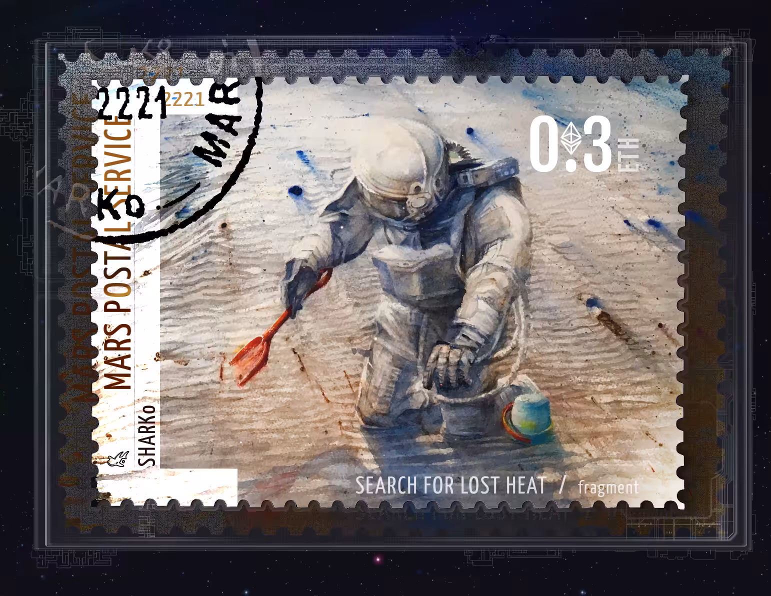 martian postage stamp "SEARCH FOR LOST HEAT" 2221 year of publication