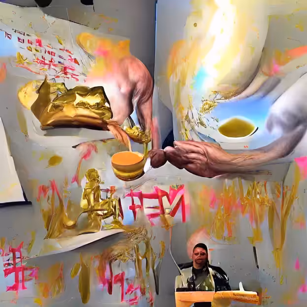 Artist Kenny Schachter huffing gold paint and preaching NFTism in the Metaverse