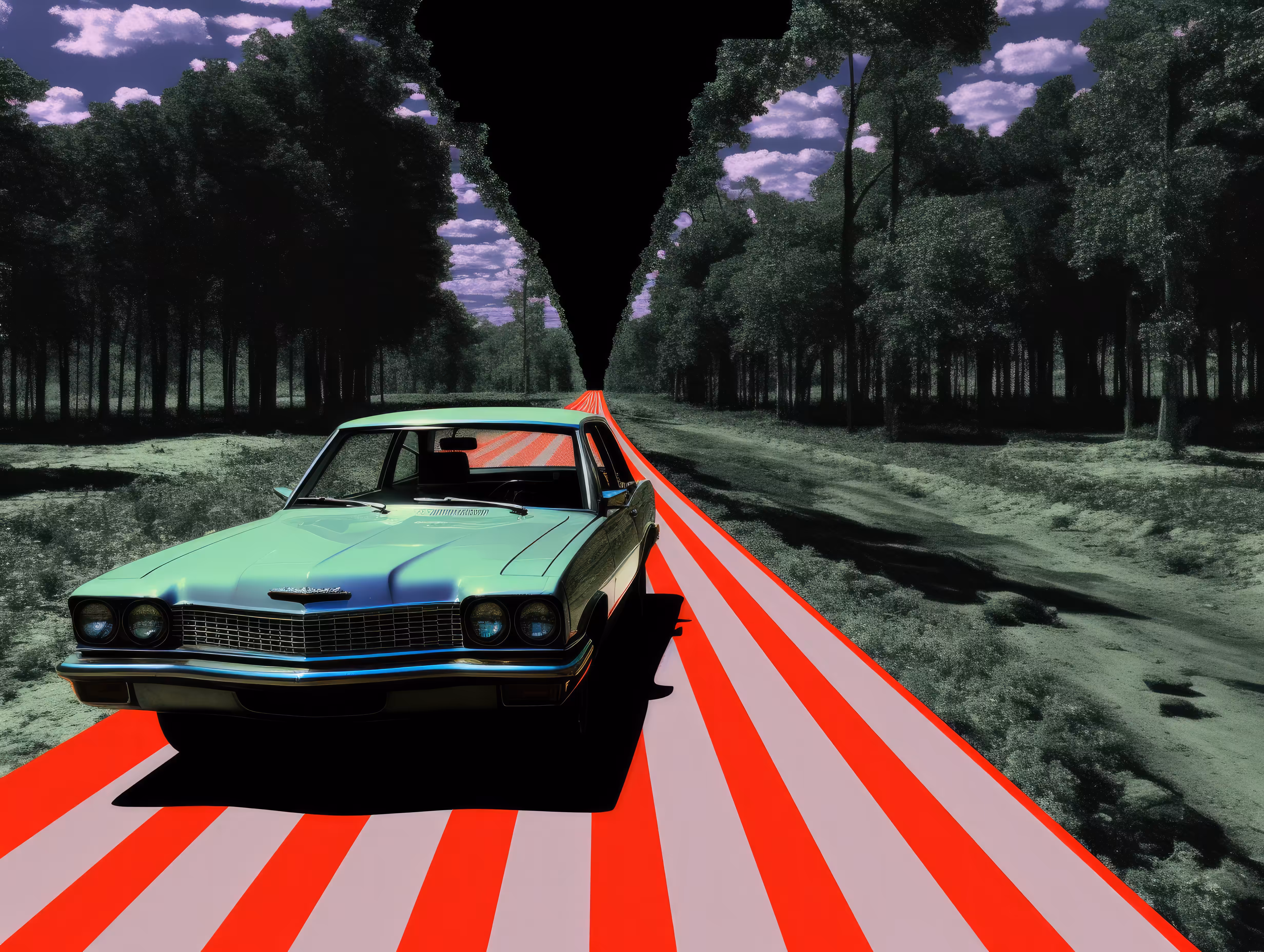 a_red_white_and_blue_screen_with_a_car