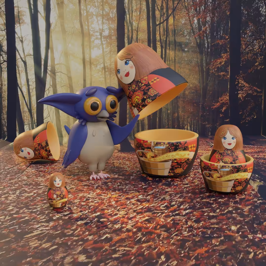 Curious baby Owl with Matryoshka