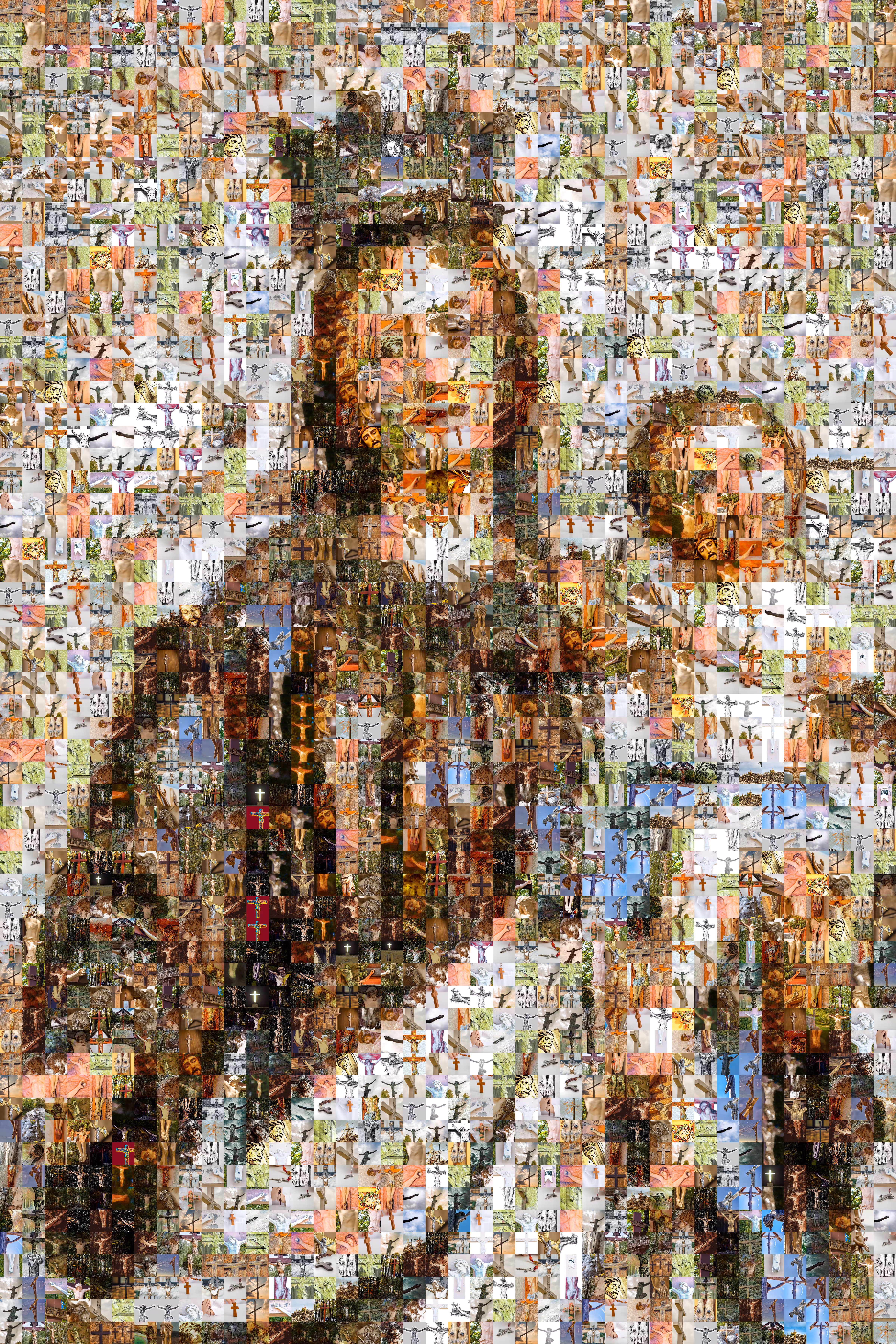 Virgin Mary with Child Jesus Grid Photomosaic Made from 581 European Crosses Crucifixes Photos