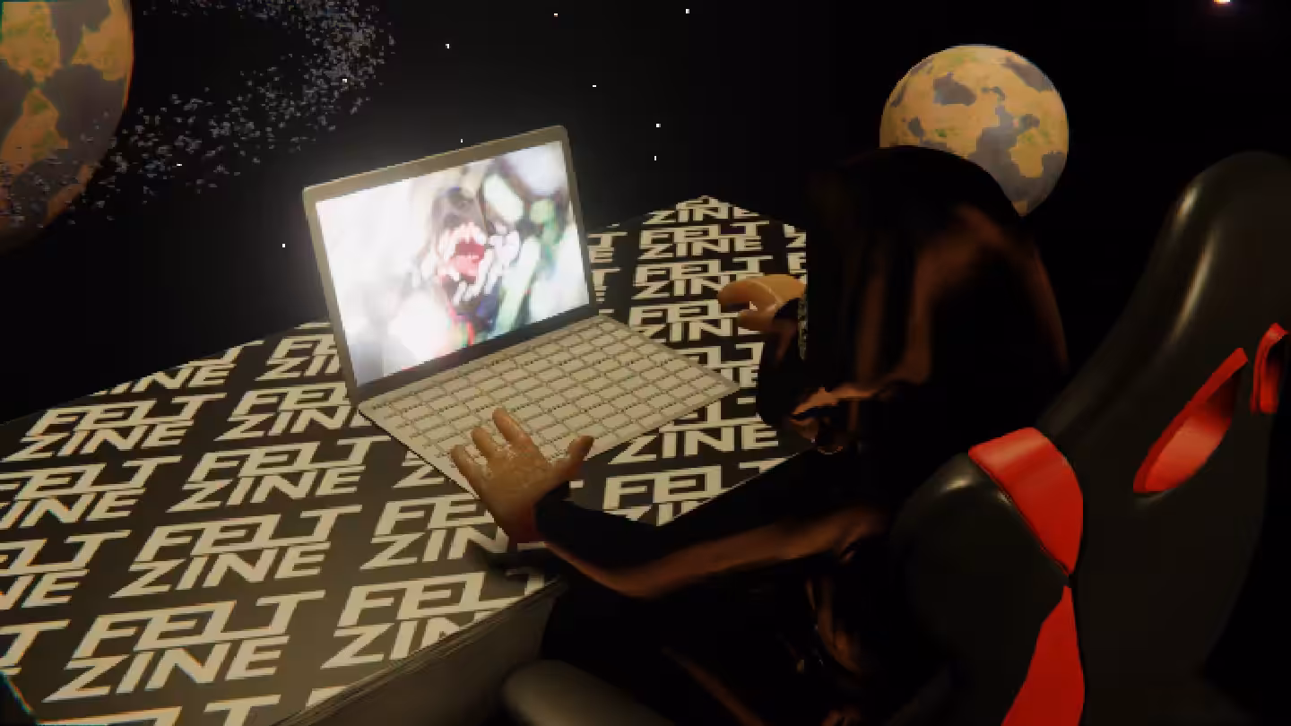 Desktop by Felt Zine: Desktop #100: The Guru in the Gaming Chair With a Hanging Light and a Algo Lite Macbook on a Felt Zine Table in Space