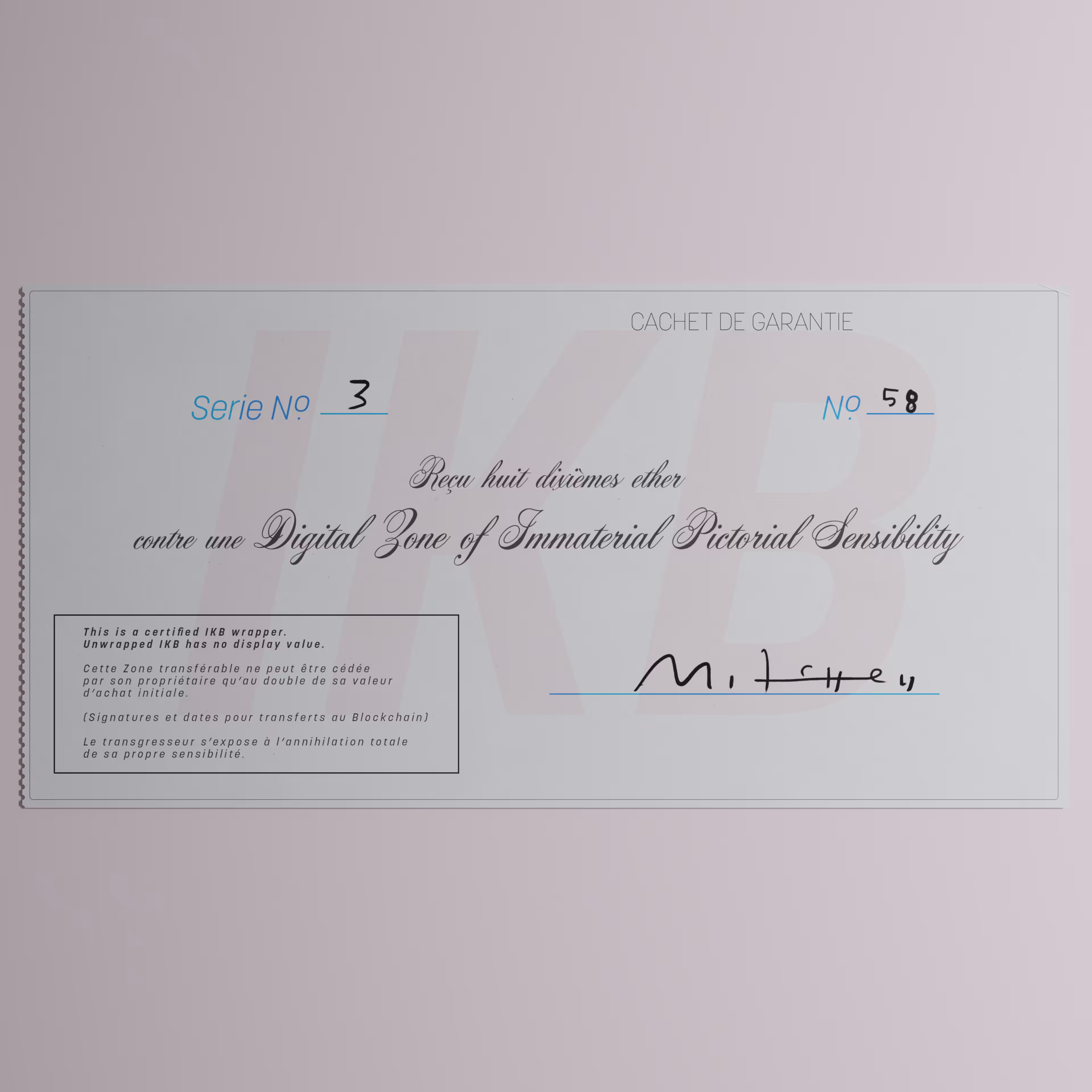 Digital Zone of Immaterial Pictorial Sensibility, Series 3, Edition 58. (Wrapped)